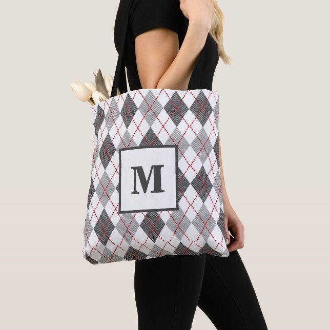 Modern Argyle Plaid Red Gray Silver Monogram Tote Bag (Close Up)