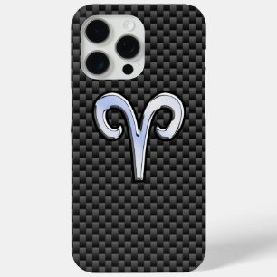 Modern Aries Sign on Charcoal Carbon Fiber Print iPhone 15 Pro Max Case
