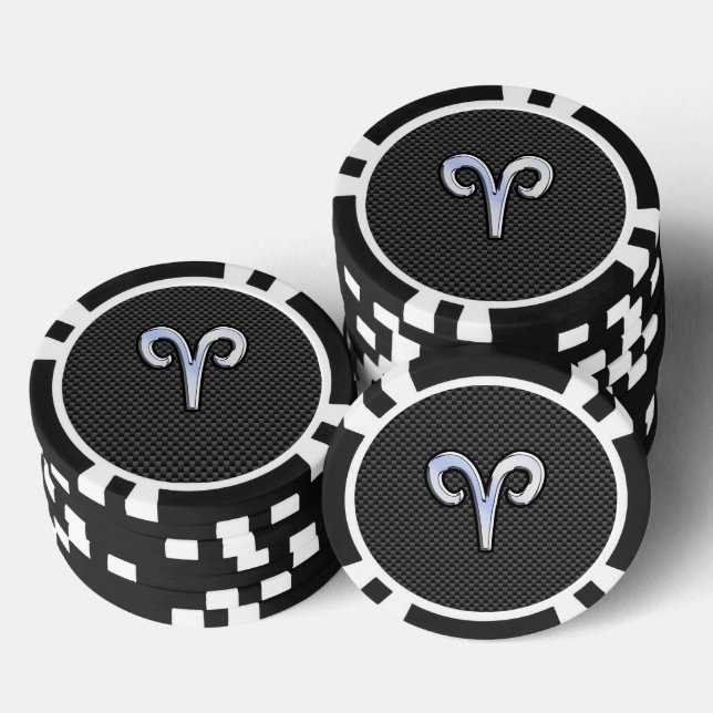 Modern Aries Sign on Charcoal Carbon Fiber Print Poker Chips (Stack)