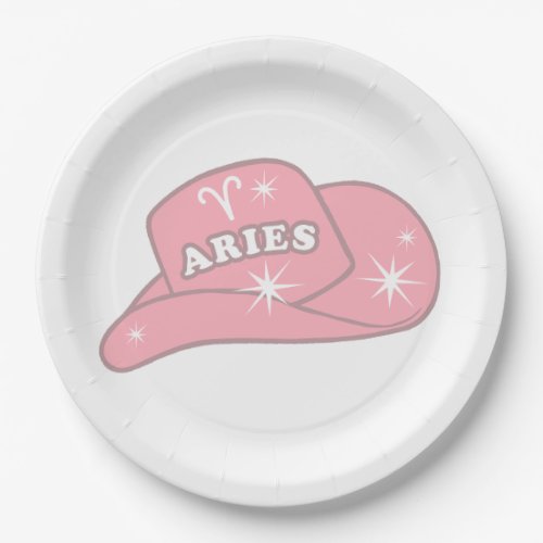 Modern Aries Zodiac Pink Cowgirl Hat Party Paper Plates