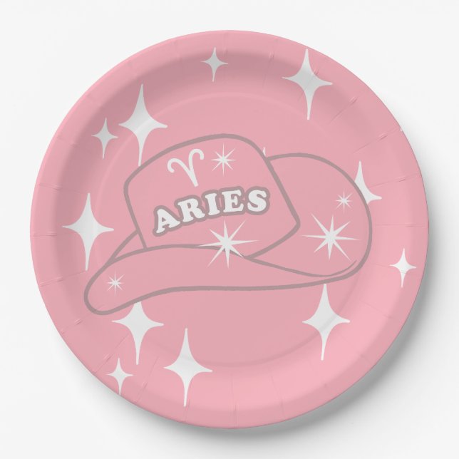 Modern Aries Zodiac Pink Cowgirl Hat Party  Paper Plates (Front)