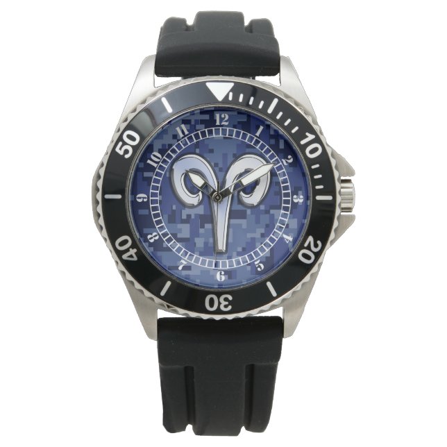 Modern Aries Zodiac Symbol Navy Blue Camo Dial Watch (Front)