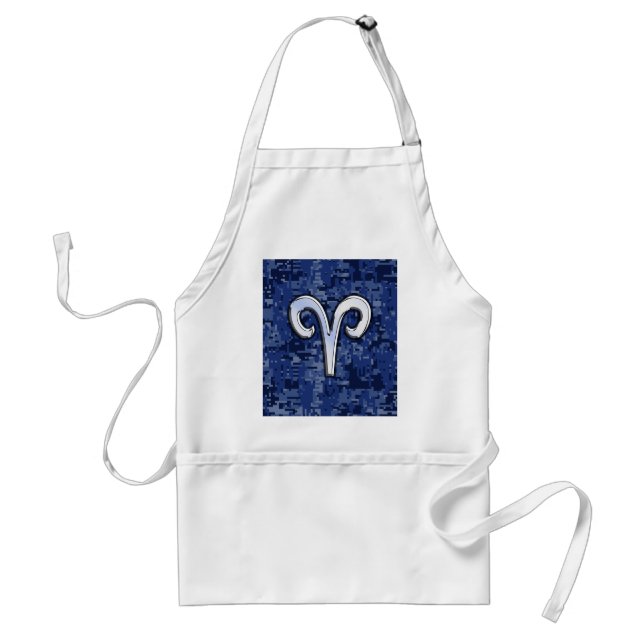 Modern Aries Zodiac Symbol Navy Blue Digital Camo Adult Apron (Front)