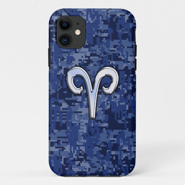Modern Aries Zodiac Symbol Navy Blue Digital Camo Case-Mate iPhone Case (Back)