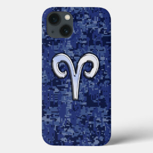 Modern Aries Zodiac Symbol Navy Blue Digital Camo iPhone 13 Case