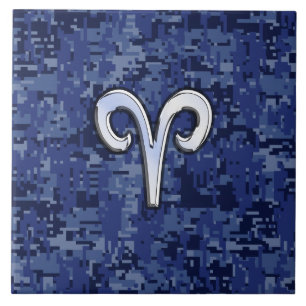 Modern Aries Zodiac Symbol Navy Blue Digital Camo Ceramic Tile