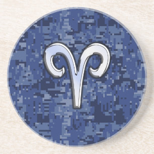 Modern Aries Zodiac Symbol Navy Blue Digital Camo Drink Coaster