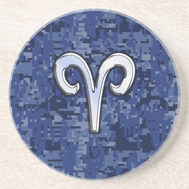 Modern Aries Zodiac Symbol Navy Blue Digital Camo Drink Coaster (Front)