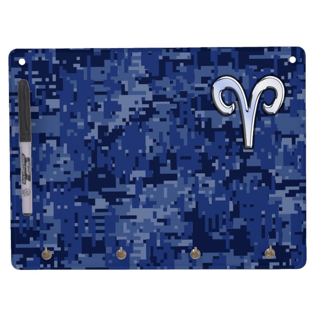 Modern Aries Zodiac Symbol Navy Blue Digital Camo Dry Erase Board With Keychain Holder (Front)