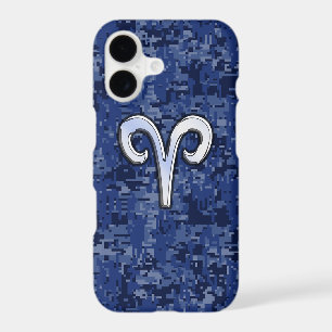 Modern Aries Zodiac Symbol Navy Blue Digital Camo iPhone 17 Case