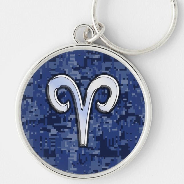 Modern Aries Zodiac Symbol Navy Blue Digital Camo Keychain (Front)