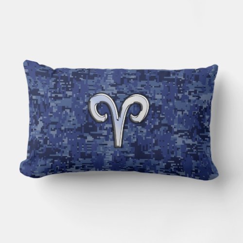 Modern Aries Zodiac Symbol Navy Blue Digital Camo Lumbar Pillow