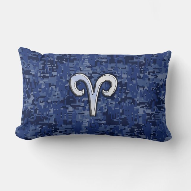 Modern Aries Zodiac Symbol Navy Blue Digital Camo Lumbar Pillow (Front)