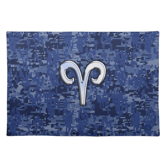 Modern Aries Zodiac Symbol Navy Blue Digital Camo Placemat (Front)