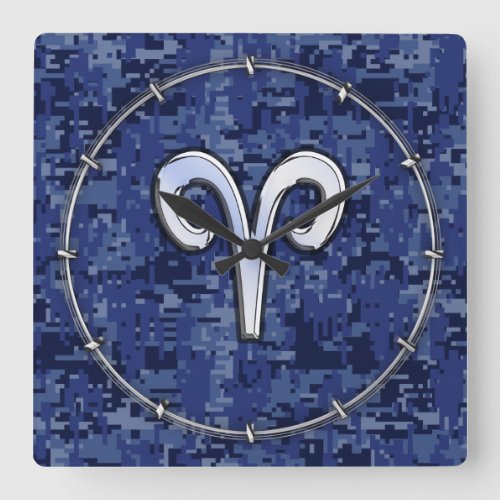 Modern Aries Zodiac Symbol Navy Blue Digital Camo Square Wall Clock