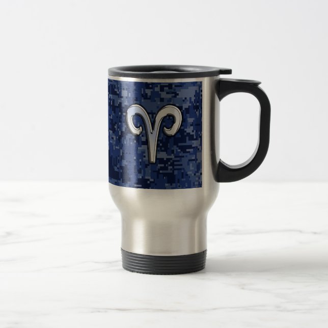 Modern Aries Zodiac Symbol Navy Blue Digital Camo Travel Mug (Right)