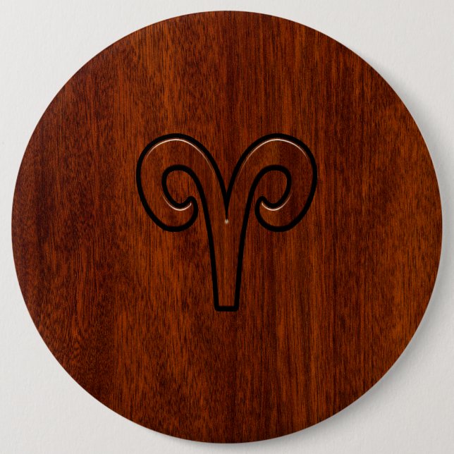 Modern Aries Zodiac Symbol on Mahogany like print Pinback Button (Front)