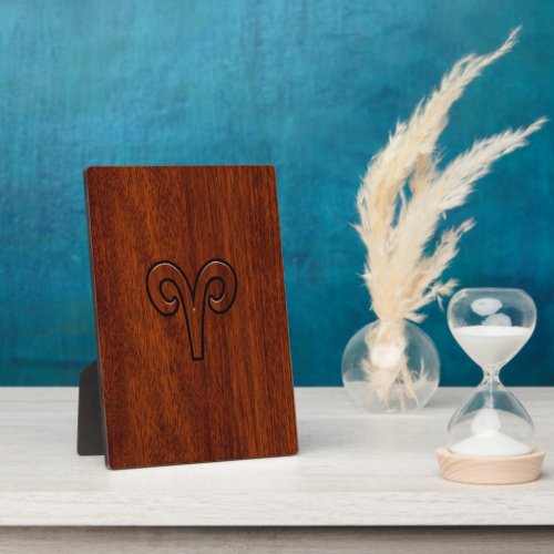 Modern Aries Zodiac Symbol on Mahogany like print Plaque