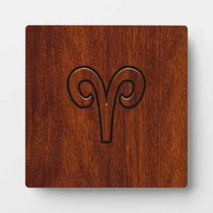 Modern Aries Zodiac Symbol on Mahogany like print Plaque