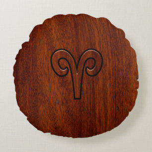 Modern Aries Zodiac Symbol on Mahogany like print Round Pillow