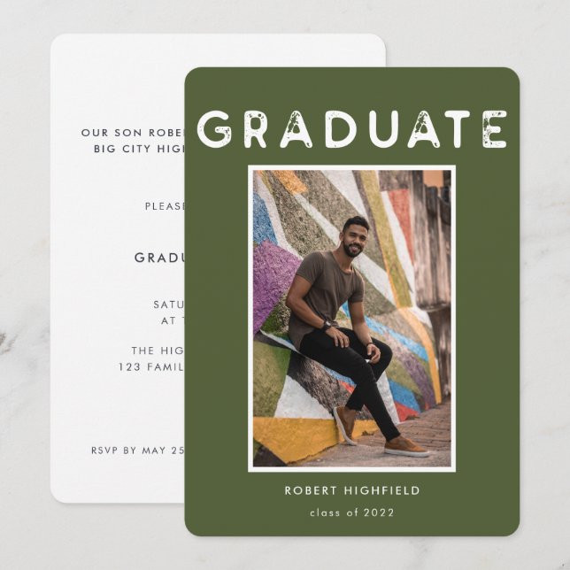 Modern Army Green Typography Photo 2022 Graduation Invitation (Front/Back)