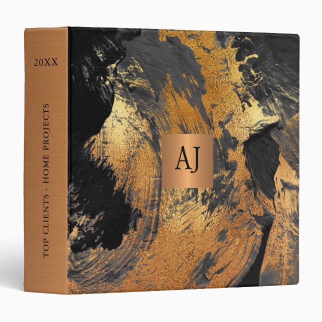 Modern art abstract painting black gold monogram 3 ring binder (Front/Spine)