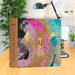 Modern art abstract painting copper gold monogram 3 ring binder<br><div class="desc">Trendy modern glamorous acryl brushstrokes abstract painted canvas in bold teal turquoise, blue, hot pink, black and faux gold making an elegant binder with a faux metallic gold copper monogrammed geometric square for a makeup artist | wedding planner | hairstylist | fashion stylist | home interior decorator | designer |...</div>