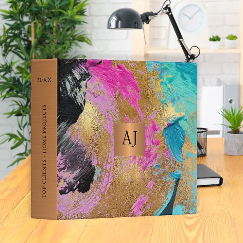 Modern art abstract painting copper gold monogram 3 ring binder
