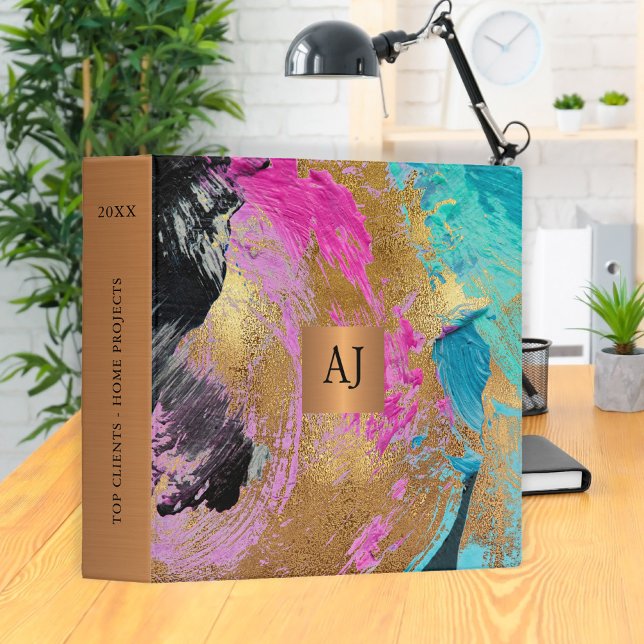 Modern art abstract painting copper gold monogram 3 ring binder (Creator Uploaded)