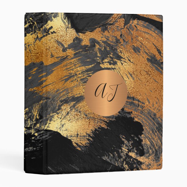 Modern art abstract pattern black copper monogram mini binder (Front/Spine)