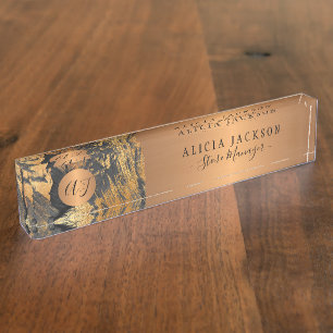 Modern art abstract pattern black gold monogrammed desk name plate