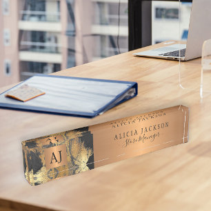 Modern art abstract pattern black gold monogrammed desk name plate