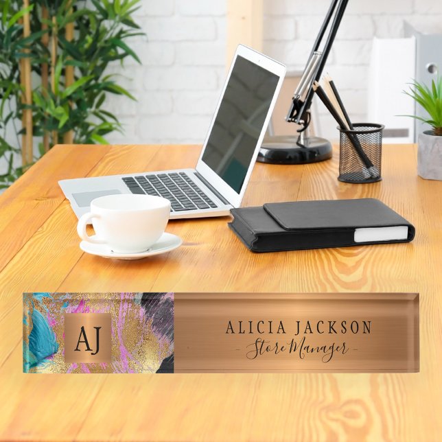 Modern art abstract pattern black gold monogrammed desk name plate (Creator Uploaded)