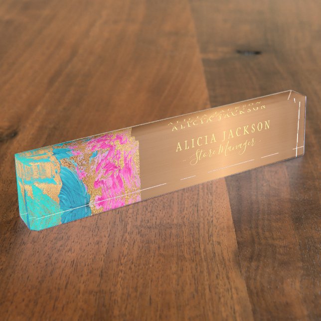 Modern art abstract pattern copper gold business desk name plate (Side)