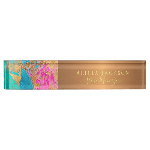 Modern art abstract pattern copper gold business desk name plate | Zazzle