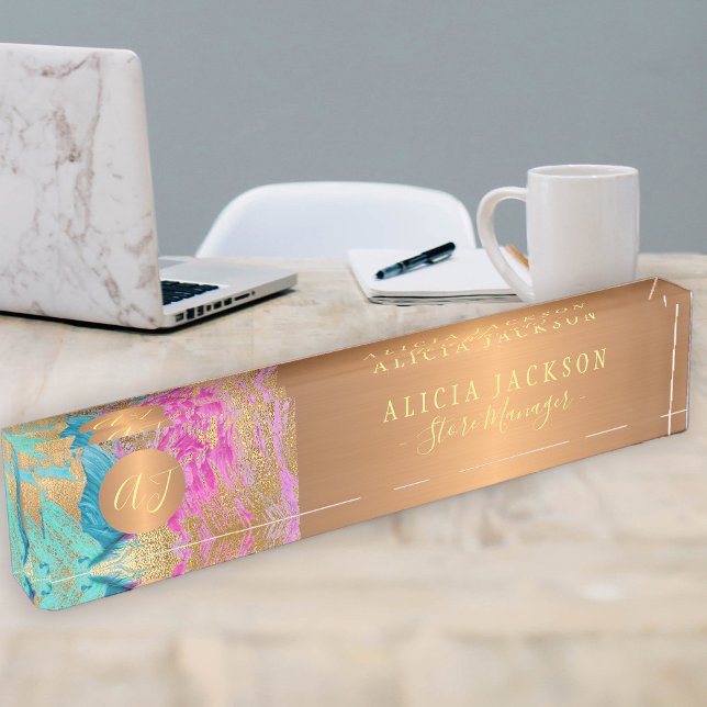 Modern art abstract pattern pink gold monogrammed desk name plate (Creator Uploaded)