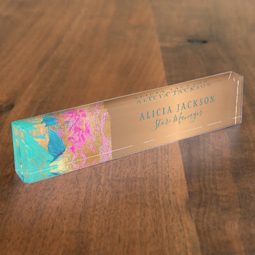 Modern art abstract pattern teal and gold business desk name plate