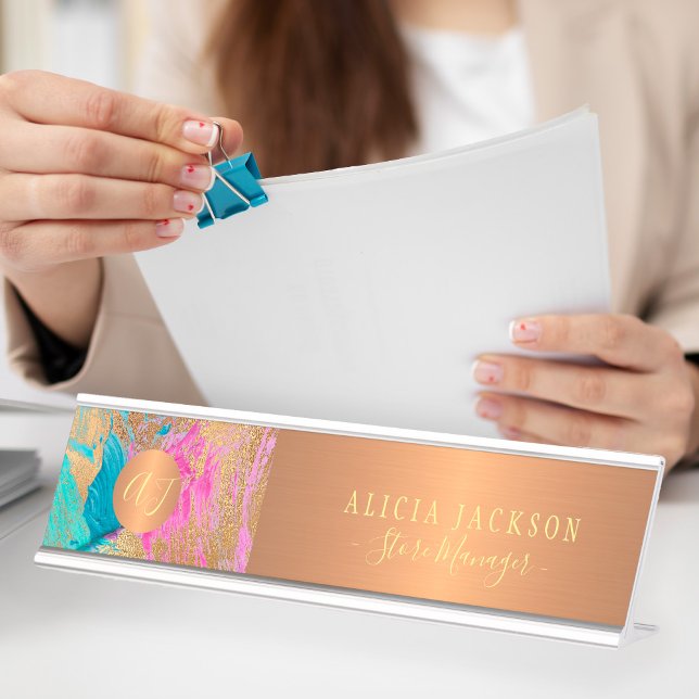 Modern art abstract pattern teal gold monogrammed desk name plate (Creator Uploaded)