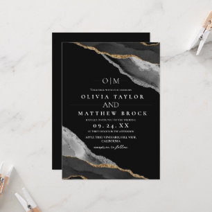 Modern Art  Agate Black and White Silver Wedding Invitation