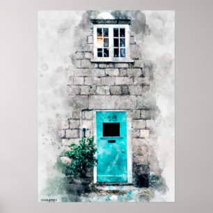 Modern art blue door watercolor painting on poster