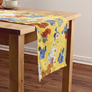 Modern Art Blue Red Flowers Mustard Yellow Short Table Runner