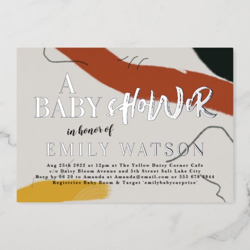 Modern Art Boy or Girl Abstract Baby Shower Silver Foil Invitation