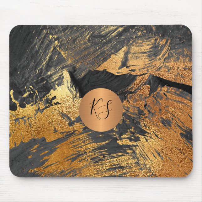 Modern art brush strokes black gold monogrammed mouse pad (Front)