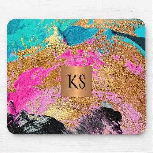 Modern art brush strokes black gold monogrammed mouse pad