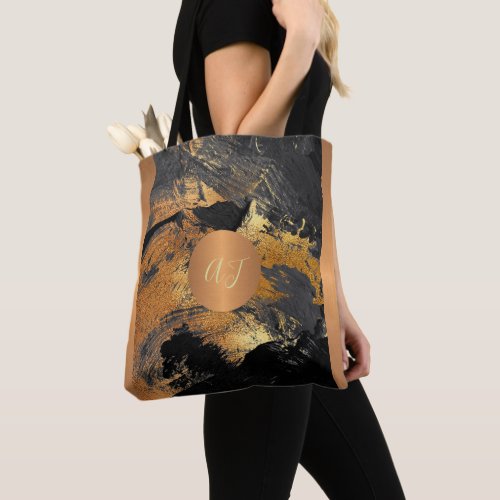 Modern art brush strokes grey gold monogrammed tote bag