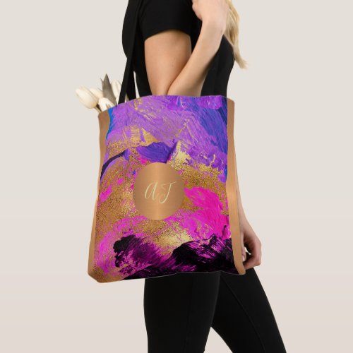 Modern art brush strokes purple gold monogrammed tote bag