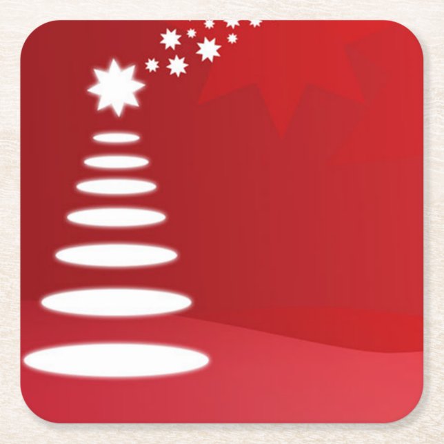 Modern Art Christmas Tree in Red Square Paper Coaster (Front)