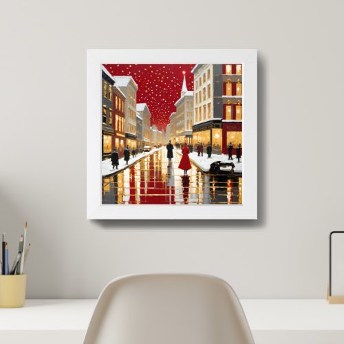 Modern Art Christmas Winter Gold Red City Retro Framed Art