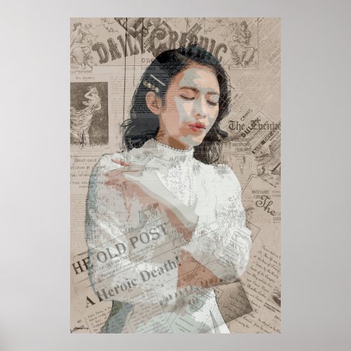 Modern art collage young asian woman in white on  poster