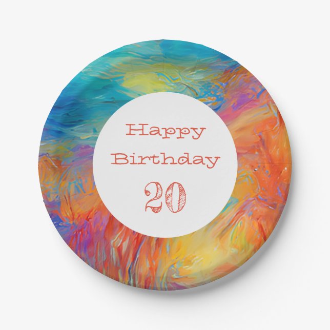 Modern Art Colorful Happy Birthday AGE Fun Paper Plates (Front)